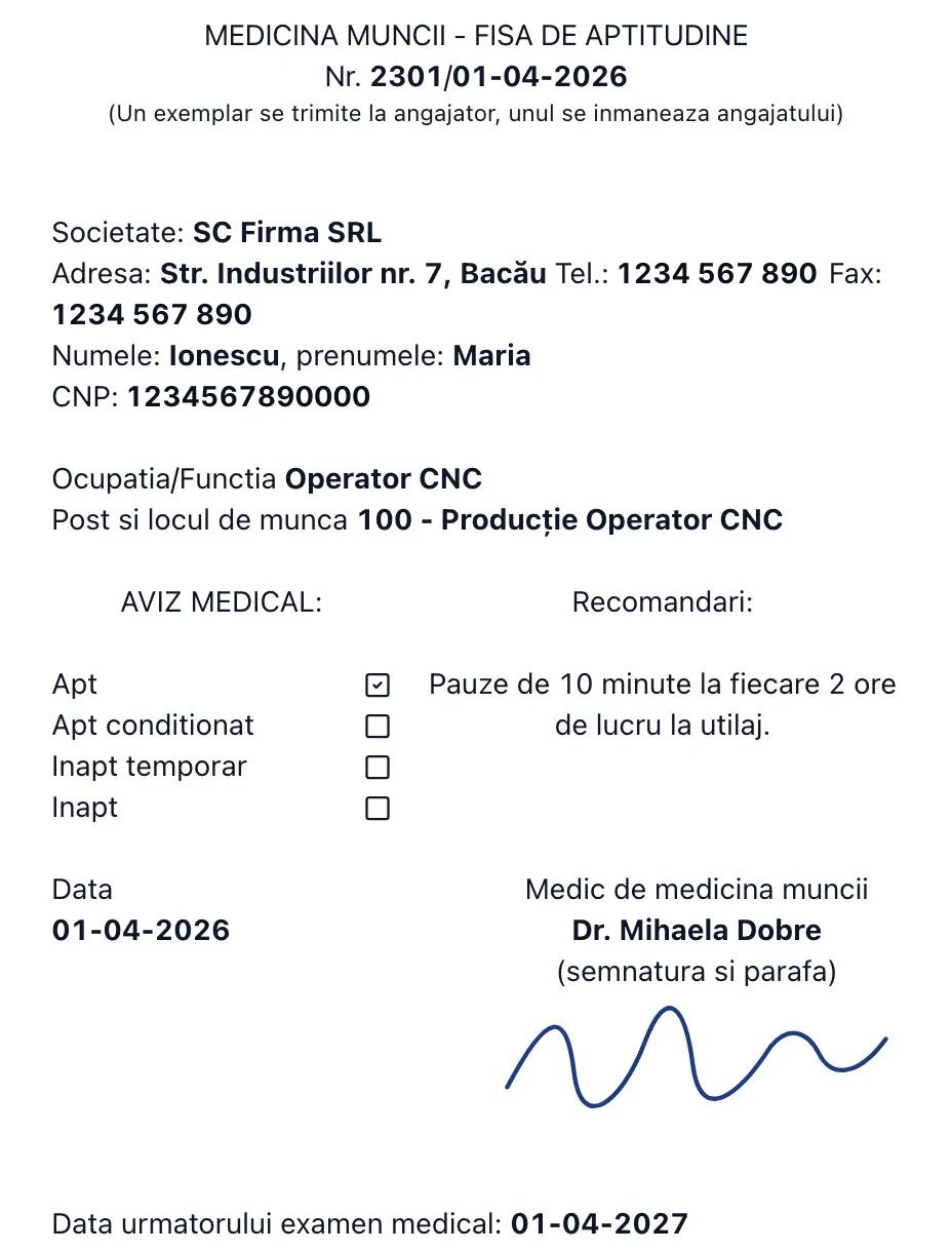 Fișa de aptitudine emisă din MedExam, cu avizul „Apt” și data examenului următor