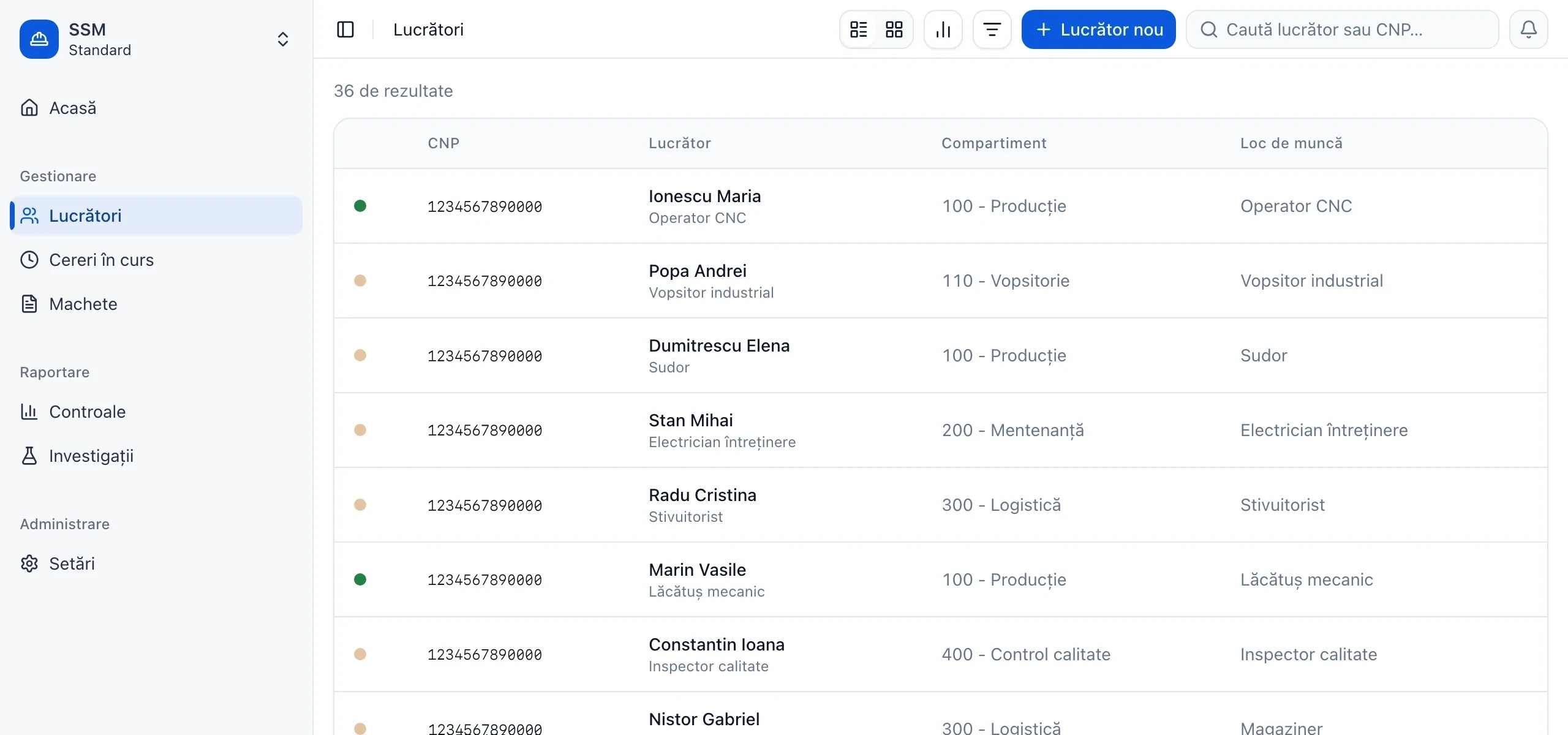 Lista de lucrători din MedExam Connect: CNP, nume, post, compartiment și loc de muncă, cu starea controlului medical marcată pe fiecare rând.