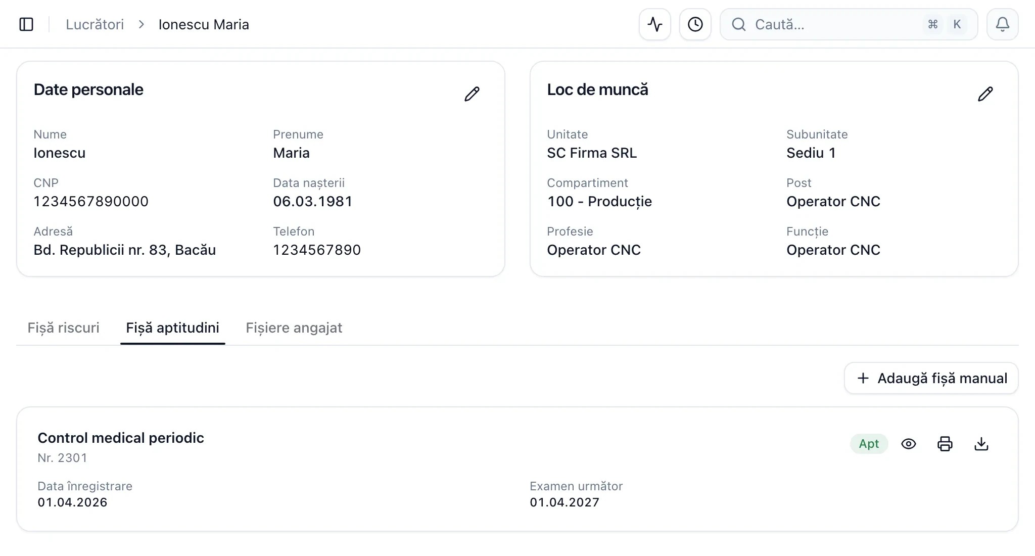 Dosarul unui lucrător în MedExam Connect: date personale, locul de muncă și fișa de aptitudine primită de la medic, cu aviz, data examenului următor și butoane de previzualizare, tipărire și descărcare.